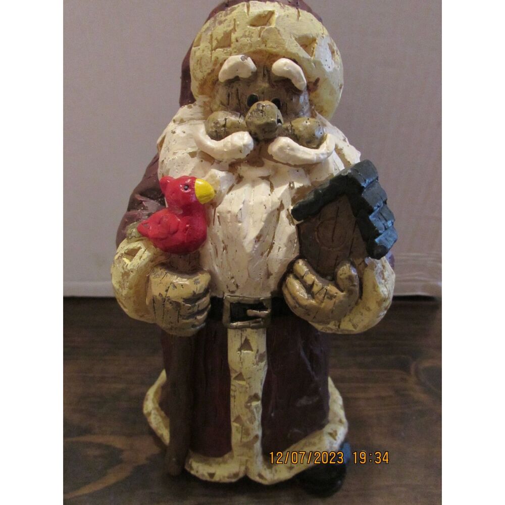 Santa Claus wooden look candle with red bird and bird house Christmas